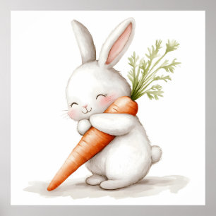 Watercolor Fluffy Bunny Carrot Love Poster