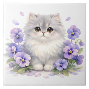 Watercolor Fluffy Kitten with Purple Pansy Flowers Tile