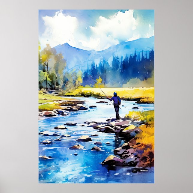 Watercolor Fly Fishing Poster - Fishing Wall Art (Front)
