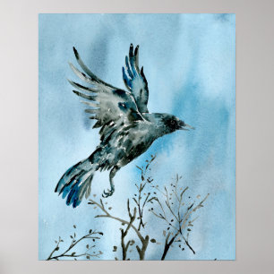 Watercolor Flying Crow Poster