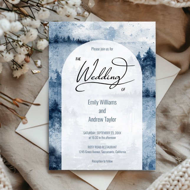 Watercolor foggy forest wedding invitation  (“Elegant navy blue watercolor wedding invite with foggy forest design for rustic or woodland wedding)