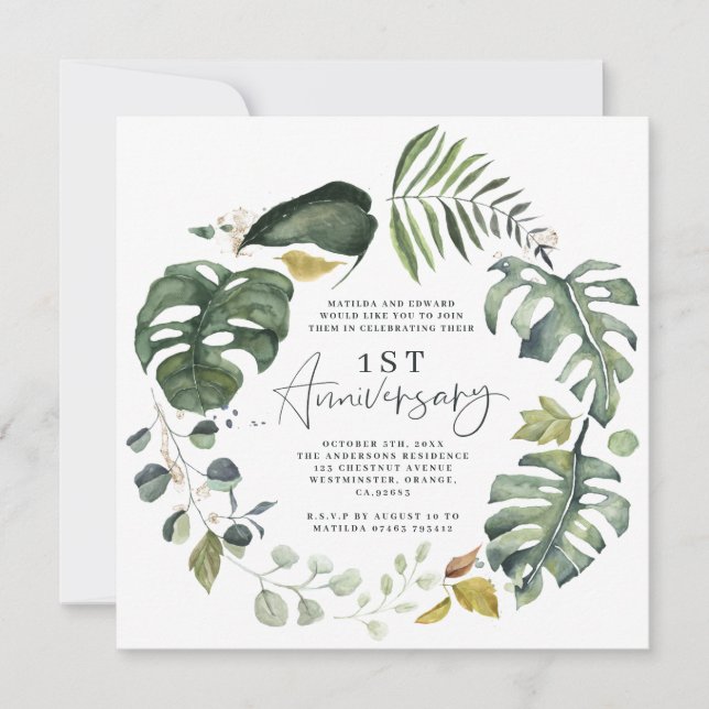 Watercolor foliage 1st wedding anniversary invite (Front)