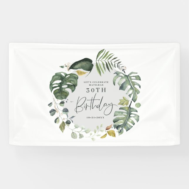 Watercolor foliage 30th birthday party banner (Horizontal)