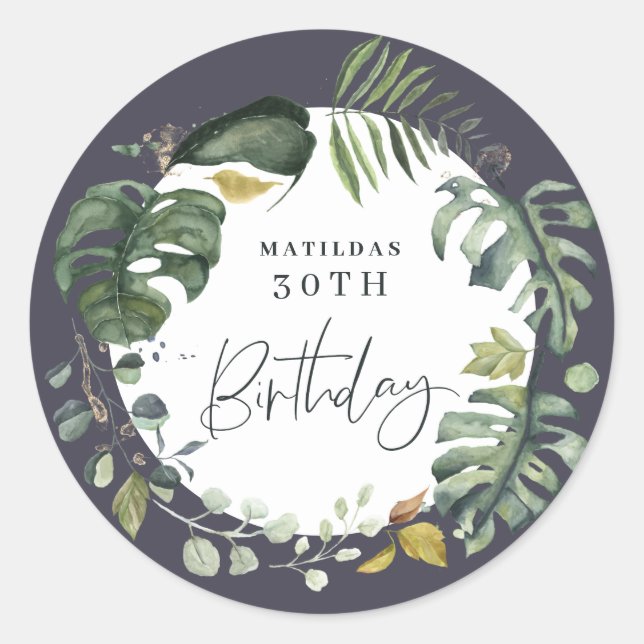 Watercolor foliage 30th birthday party favour classic round sticker (Front)