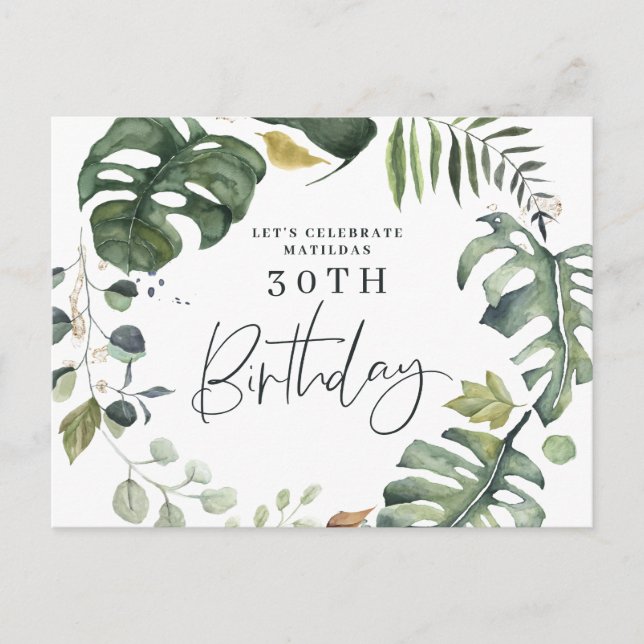 Watercolor foliage 30th birthday party invite (Front)