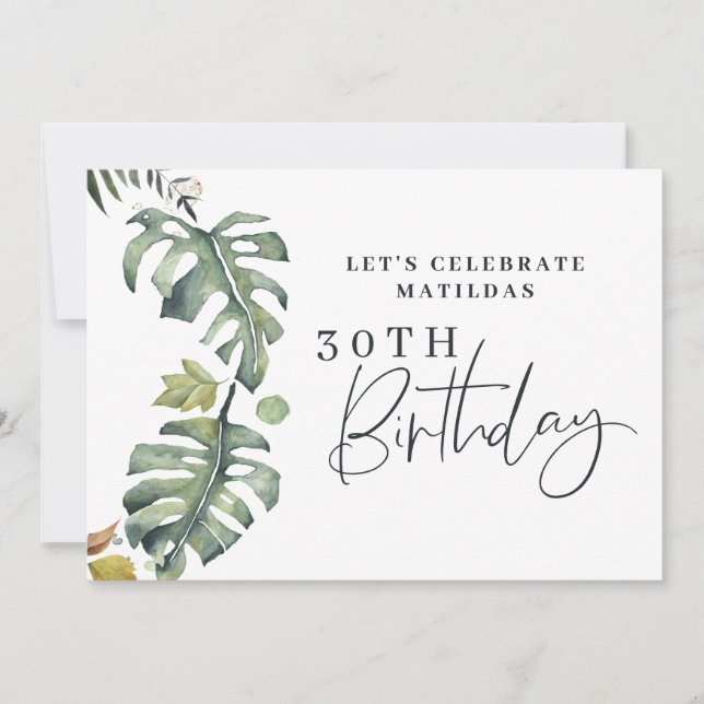 Watercolor foliage 30th birthday party invite (Front)