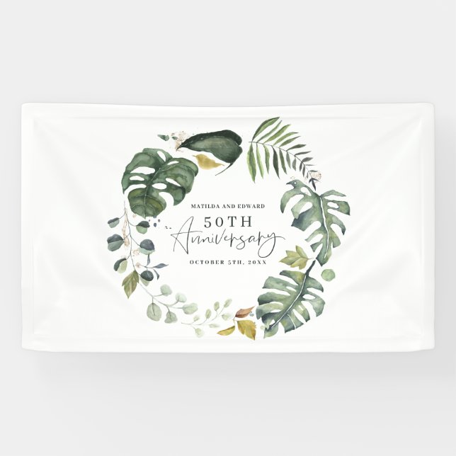 Watercolor foliage 50th wedding anniversary party banner (Horizontal)