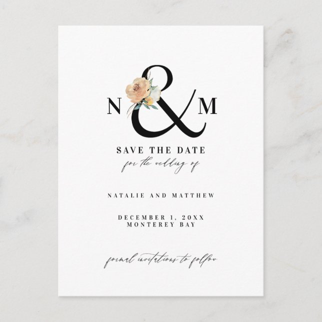 Watercolor foliage ampersand save the date postcard (Front)