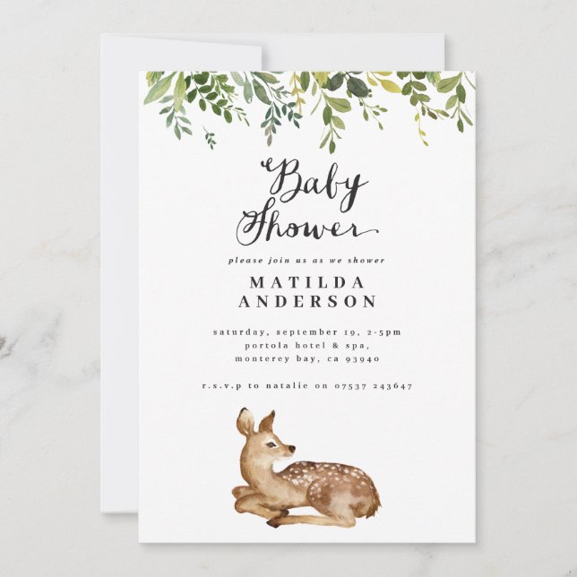 Watercolor foliage and deer woodland baby shower announcement (Front)