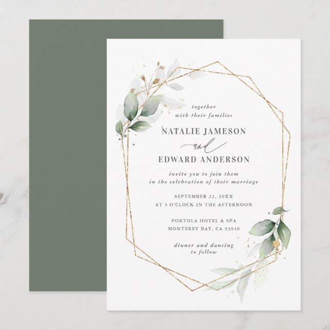 Watercolor foliage and gold geometric wedding (Front/Back)