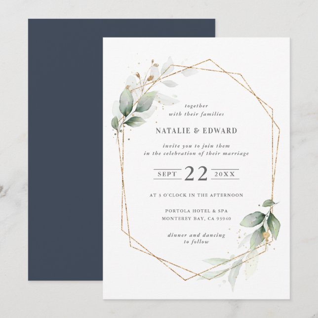 Watercolor foliage and gold geometric wedding (Front/Back)