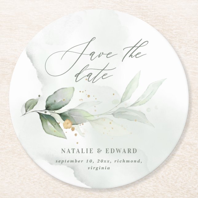 Watercolor foliage and gold wedding save the date round paper coaster (Front)