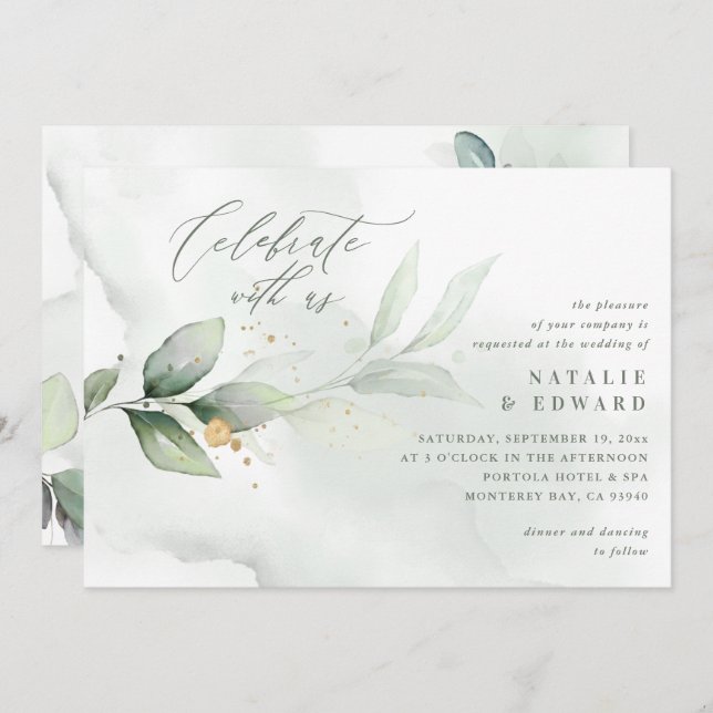 Watercolor foliage and metallic gold wedding (Front/Back)