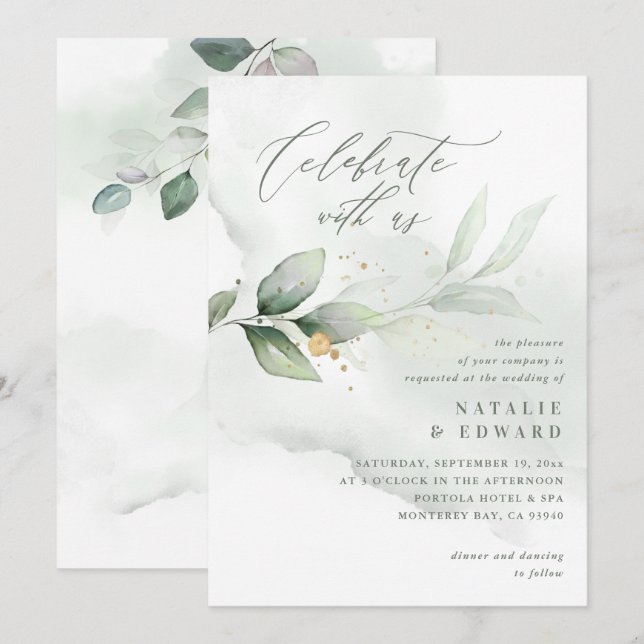 Watercolor foliage and metallic gold wedding (Front/Back)