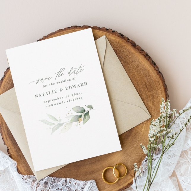 Watercolor foliage and metallic gold wedding save the date (Creator Uploaded)