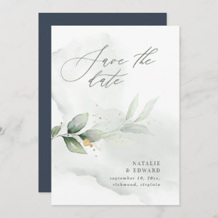 Watercolor foliage and metallic gold wedding save the date
