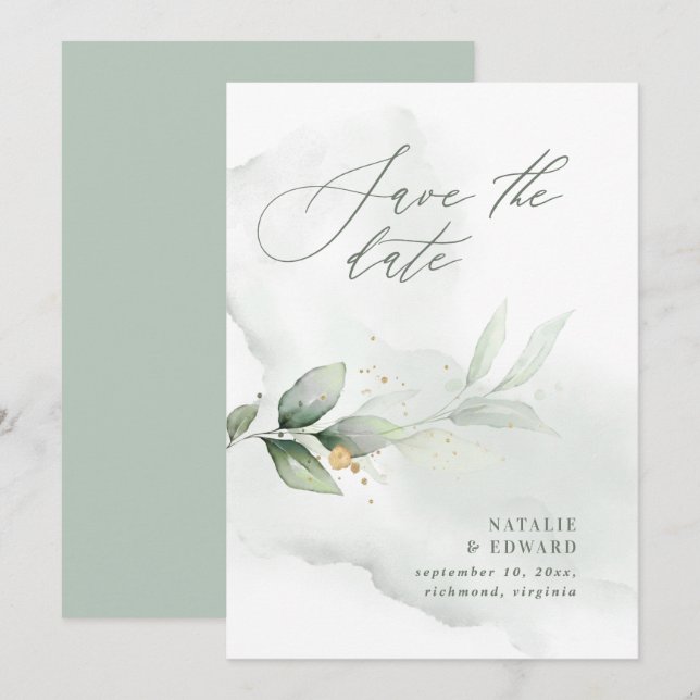 Watercolor foliage and metallic gold wedding save the date (Front/Back)