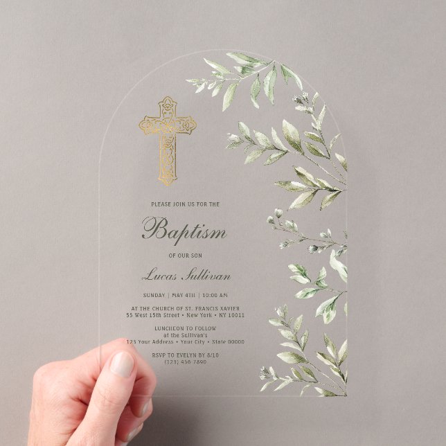 Watercolor Foliage Arch Baptism Acrylic Invitations (Insitu (Handheld))