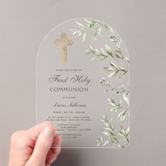Watercolor Foliage Arch First Communion Acrylic Invitations (Insitu (Handheld))
