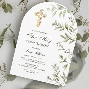 Watercolor Foliage Arch First Communion Invitation