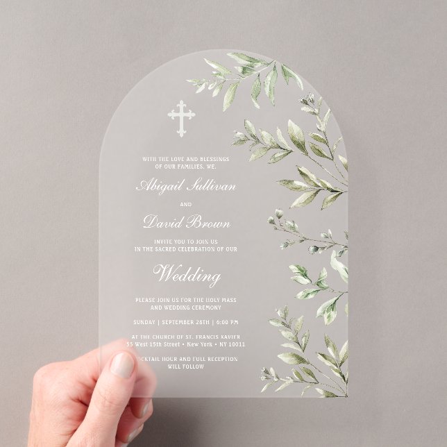 Watercolor Foliage Arch Religious Wedding Acrylic Invitations (Insitu (Handheld))