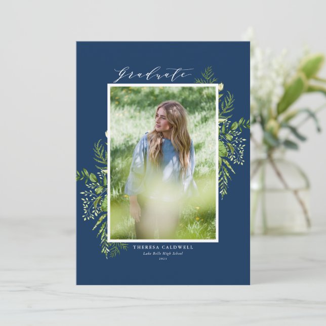 Watercolor Foliage Blue Photo Graduation Announcement (Standing Front)