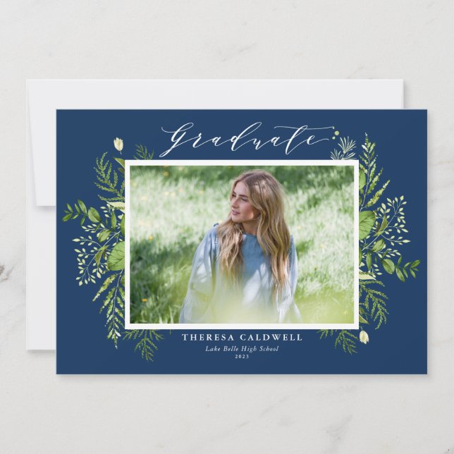 Watercolor Foliage Blue Photo Graduation Announcement (Front)