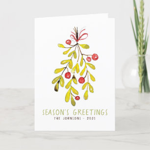 Watercolor Foliage Botanical Holly Berry Christmas Holiday Card