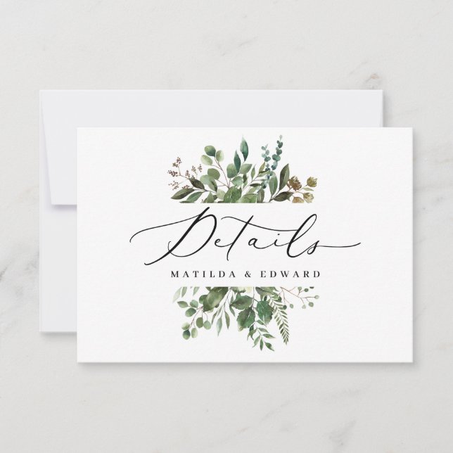 Watercolor foliage botanical wedding details info RSVP card (Front)