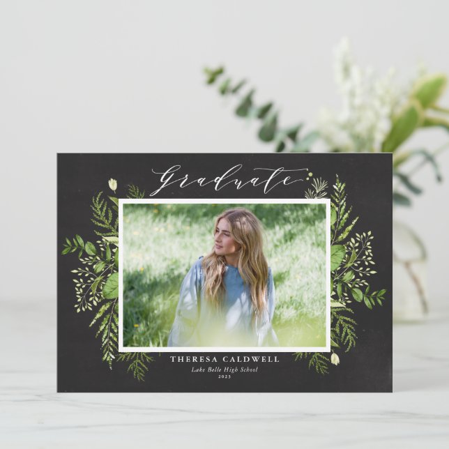 Watercolor Foliage Chalkboard Photo Graduation Announcement (Standing Front)