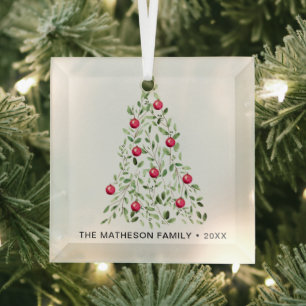 Watercolor Foliage Christmas Tree Personalized Glass Tree Decoration