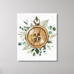 Watercolor Foliage Compass Canvas Print