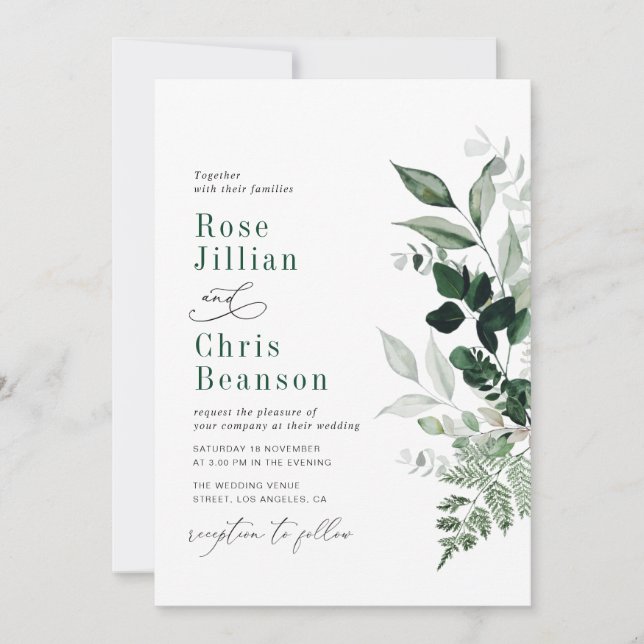 Watercolor foliage Emerald Green Weddding Invitation (Front)