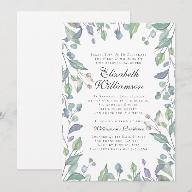 Watercolor Foliage First Communion Invitation (Front/Back)