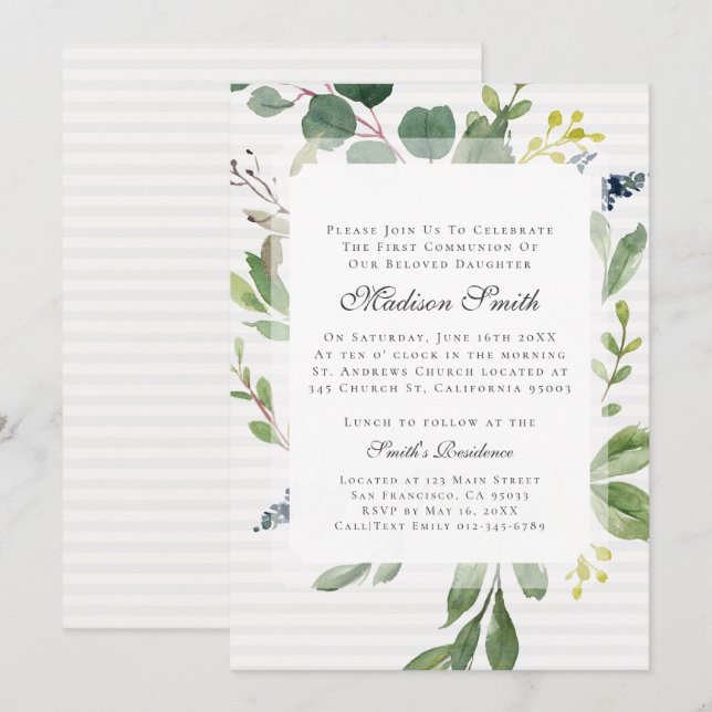 Watercolor Foliage First Communion Invitation (Front/Back)