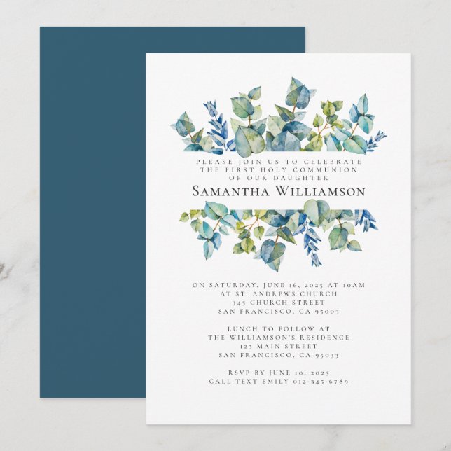 Watercolor Foliage First Holy Communion Invitation (Front/Back)