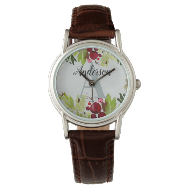 Watercolor foliage floral initial monogram watch (Front)
