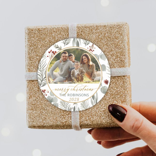 Watercolor Foliage Gold Script Photo Christmas  Classic Round Sticker (Creator Uploaded)