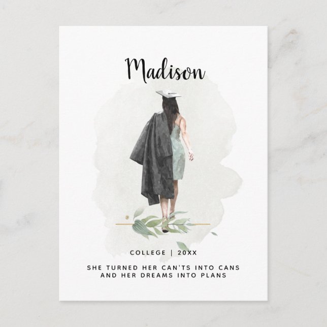 Watercolor Foliage Graduation Girl Announcement Postcard (Front)