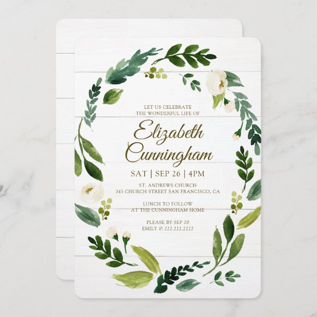 Watercolor Foliage Greenery Memorial Invitation (Front/Back)