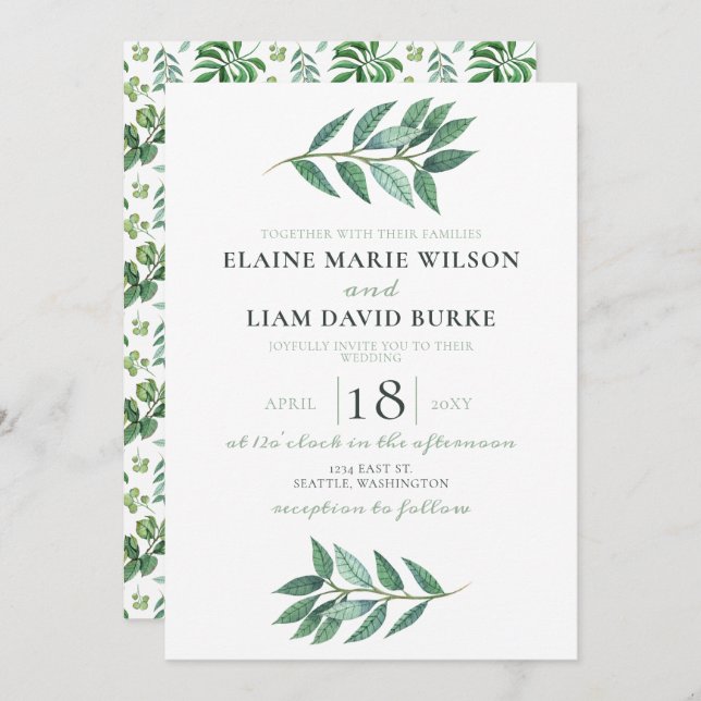 Watercolor Foliage Greenery Wedding Invitation (Front/Back)