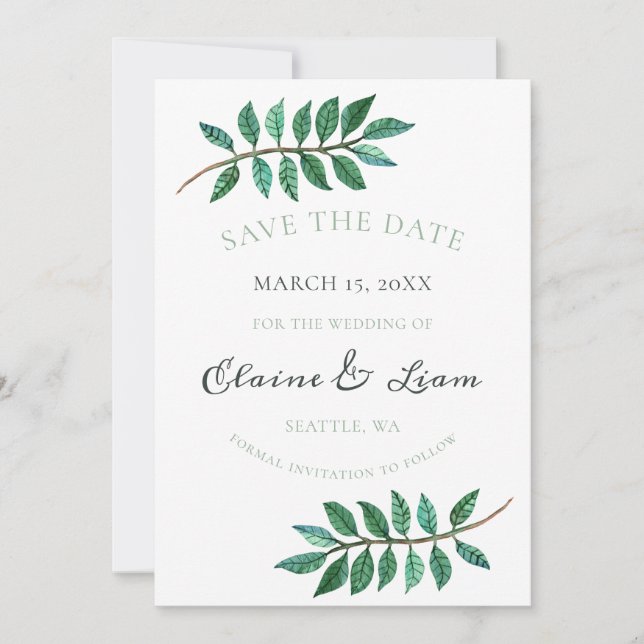 Watercolor Foliage Greenery Wedding Save The Date (Front)