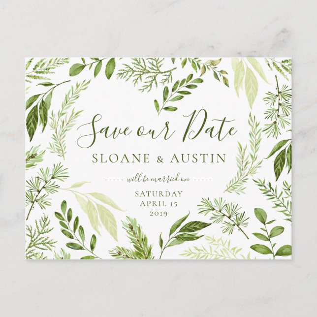 Watercolor Foliage Heart Botanical Save the Date Announcement Postcard (Front)