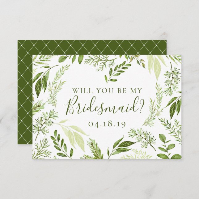 Watercolor Foliage Heart Will You Be My Bridesmaid Invitation (Front/Back)