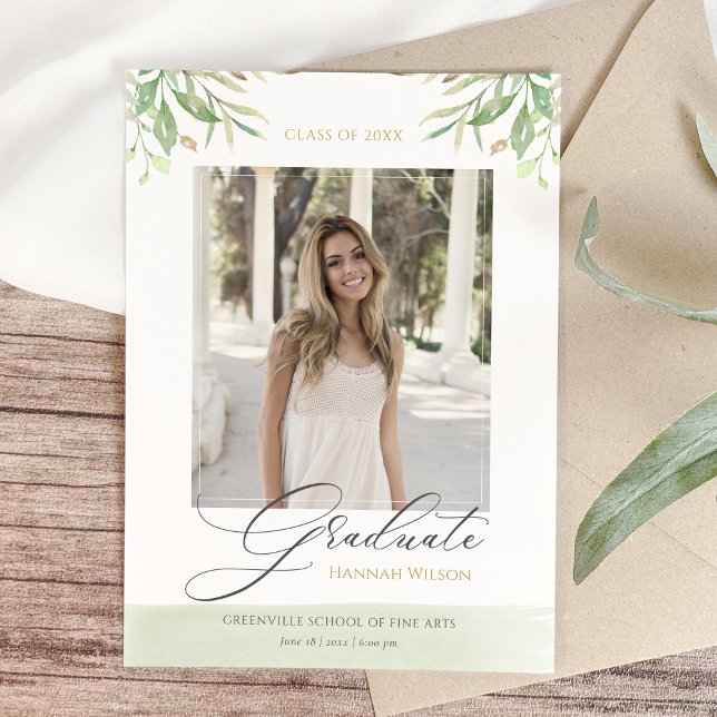 Watercolor Foliage Leaves Script Photo Graduation Announcement (Creator Uploaded)