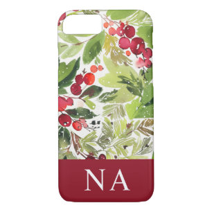 Watercolor foliage monogram initial Christmas iPhone 8/7 Case