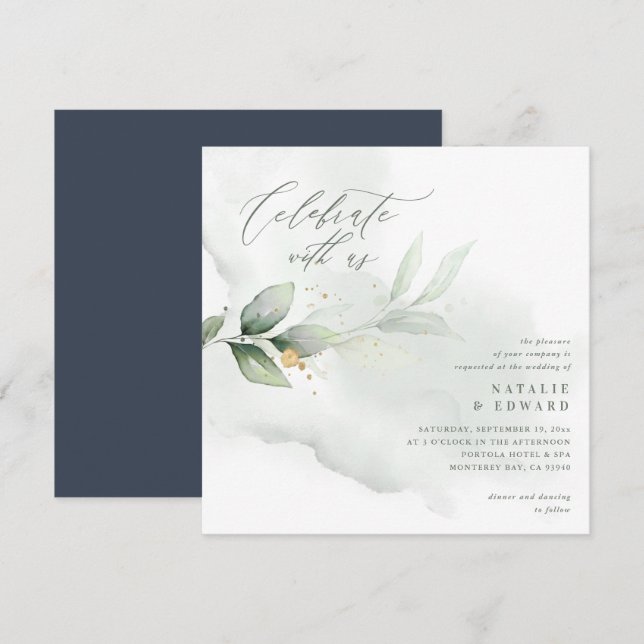 Watercolor foliage, navy blue and gold wedding (Front/Back)