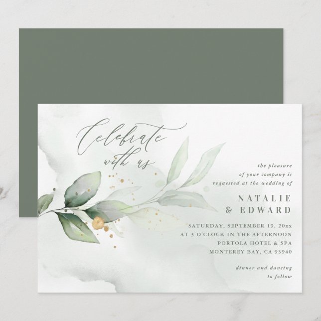 Watercolor foliage, olive green and gold wedding (Front/Back)