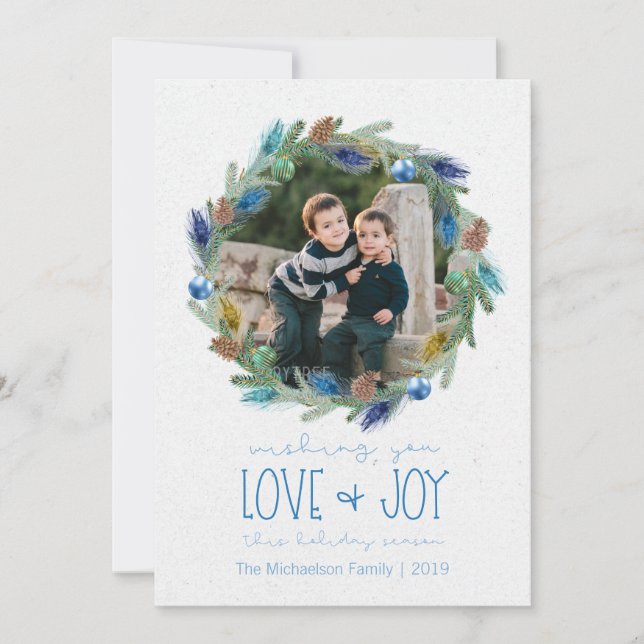 Watercolor Foliage Peacock Feather Wreath Photo Holiday Card (Front)