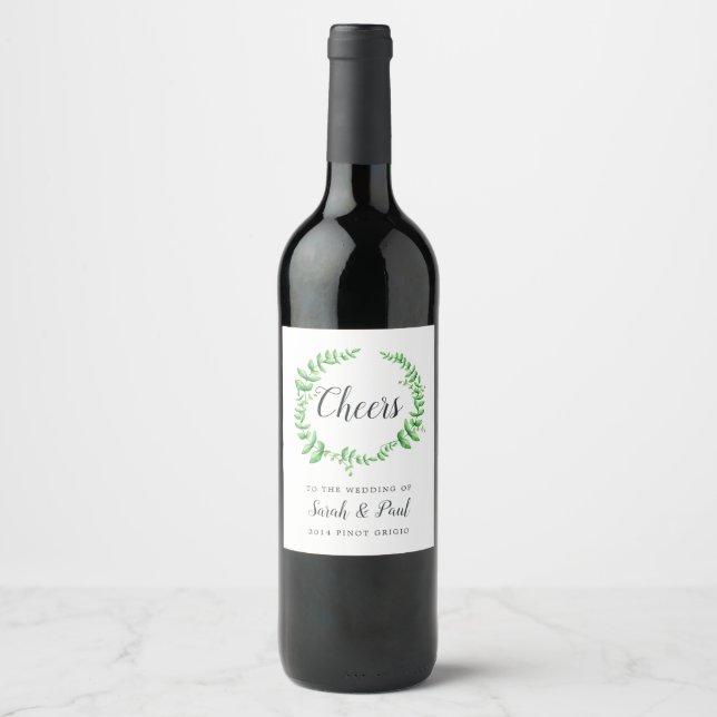 Watercolor Foliage Personalised Wedding Wine Label (Front)